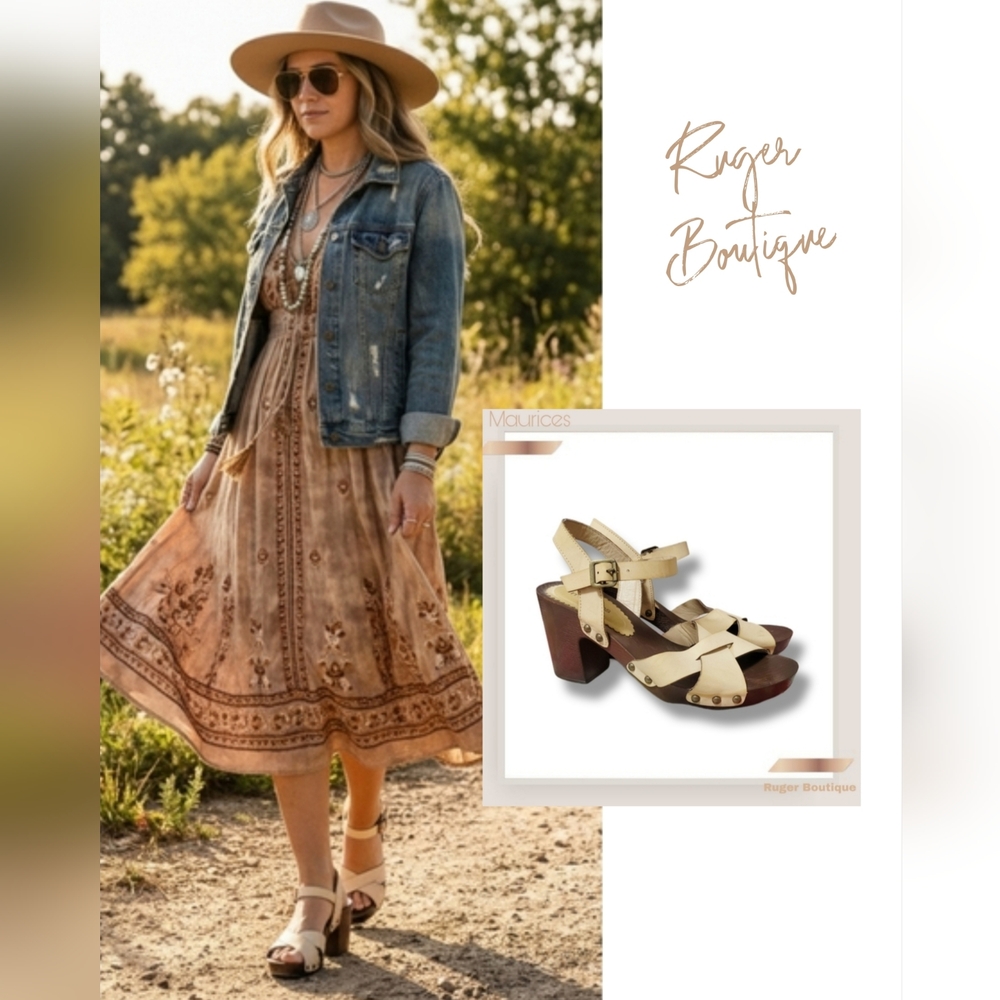 🌿Maurices Boho Cream & Brown Faux Wood Block Heel Sandals - Women's Size 7M